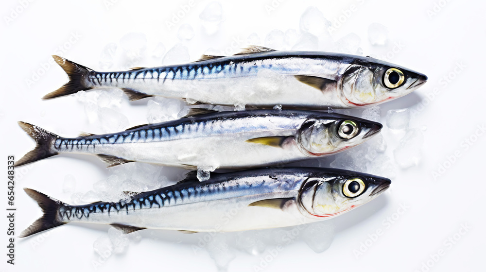 Fresh mackerel fish (Scomber scrombrus) on ice. Seafood background. Generative AI