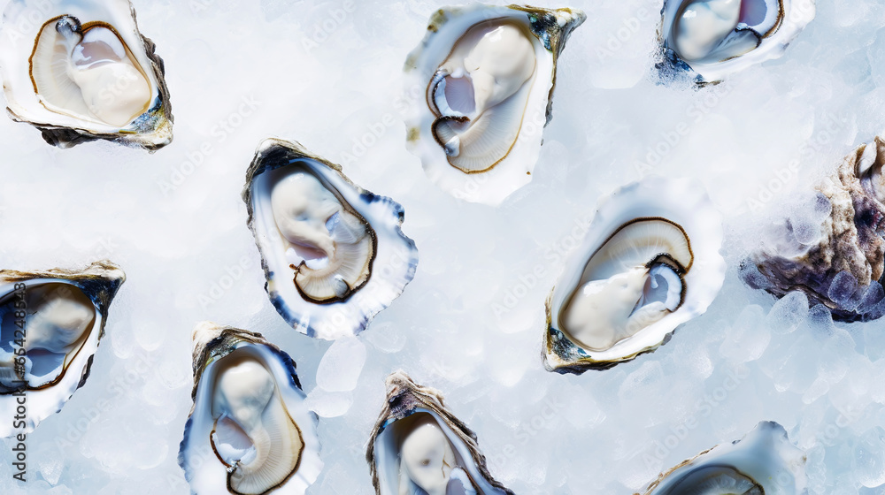 Top view on fresh oysters laying on crushed ice. Seafood background. Generative AI