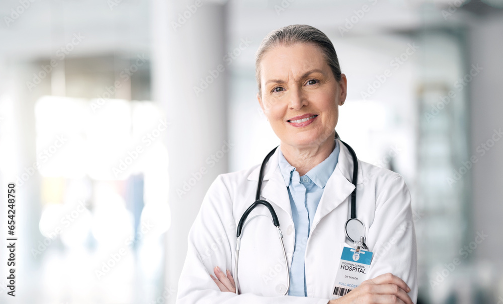 Stethoscope, senior and woman doctor smile with healthcare, medical work and hospital job. Wellness, cardiology and clinic with a mature female professional with working and health consulting