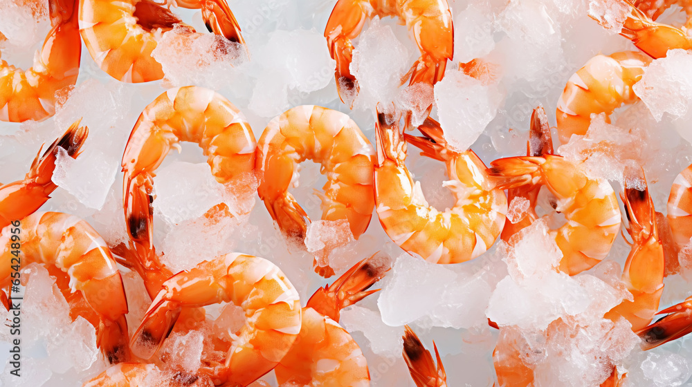 Top view of raw whole shrimps on ice. Seafood background. Generative AI