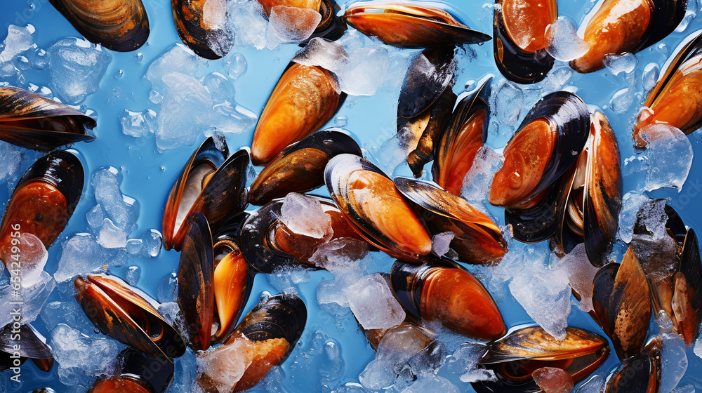 Raw Mussels on ice in the restaurant . Fresh seafood shellfish background. Generative AI