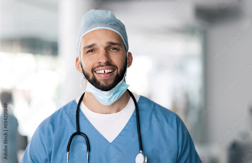 Portrait of man, surgeon in hospital with smile and ppe, healthcare worker with confidence in medicine and help. Health expert, medical professional and happy face of doctor in clinic for surgery.