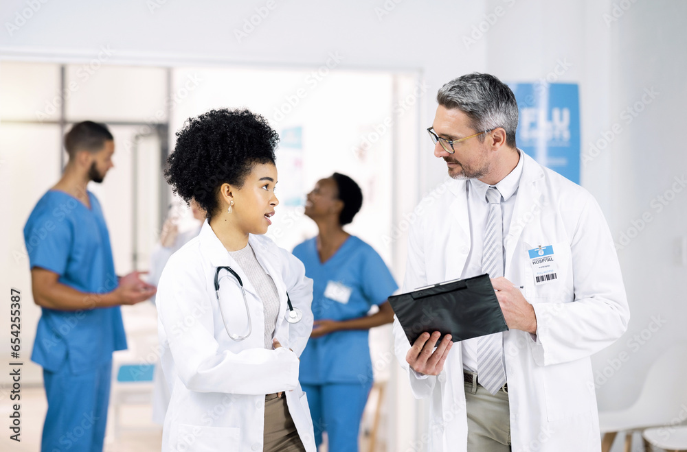 Doctors, nurses and checklist for teamwork, medical results and mentor planning or talking of hospital or clinic schedule. Healthcare worker, student or people writing with folder, notes and charts