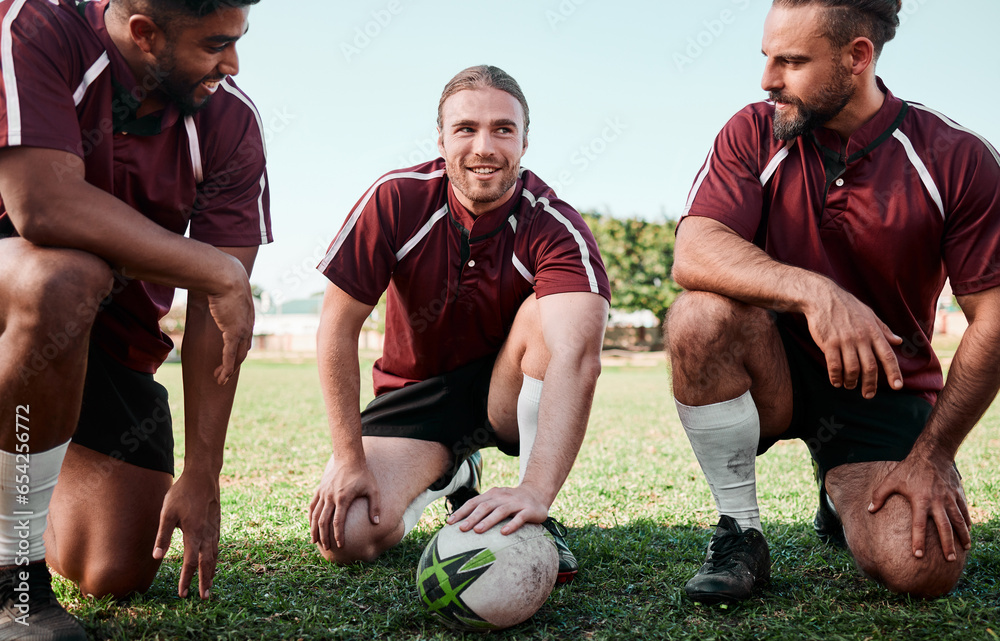 Team building, huddle and rugby players on a field planning a strategy for a game, match or tournament. Sports, fitness and captain talking to group at training or practice on an outdoor pitch.