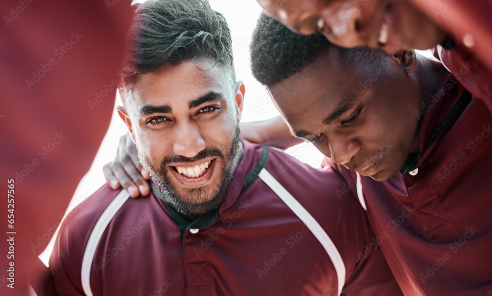 Fitness, huddle and man in rugby team on field planning strategy for game, match or tournament. Sports, diversity and captain talking to group at training, exercise or practice on outdoor pitch.