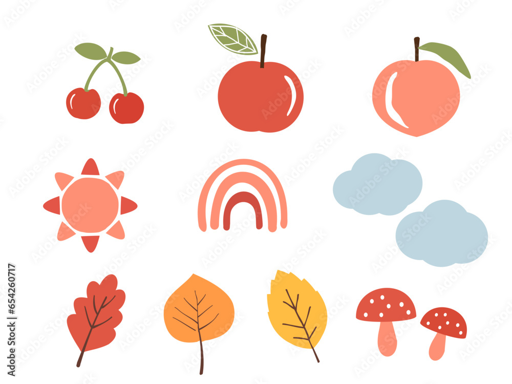 Cherry, apple, peach, sun, rainbow, cloud, Autumn leaf and mushroom icon sign isolated on white background vector illustration.