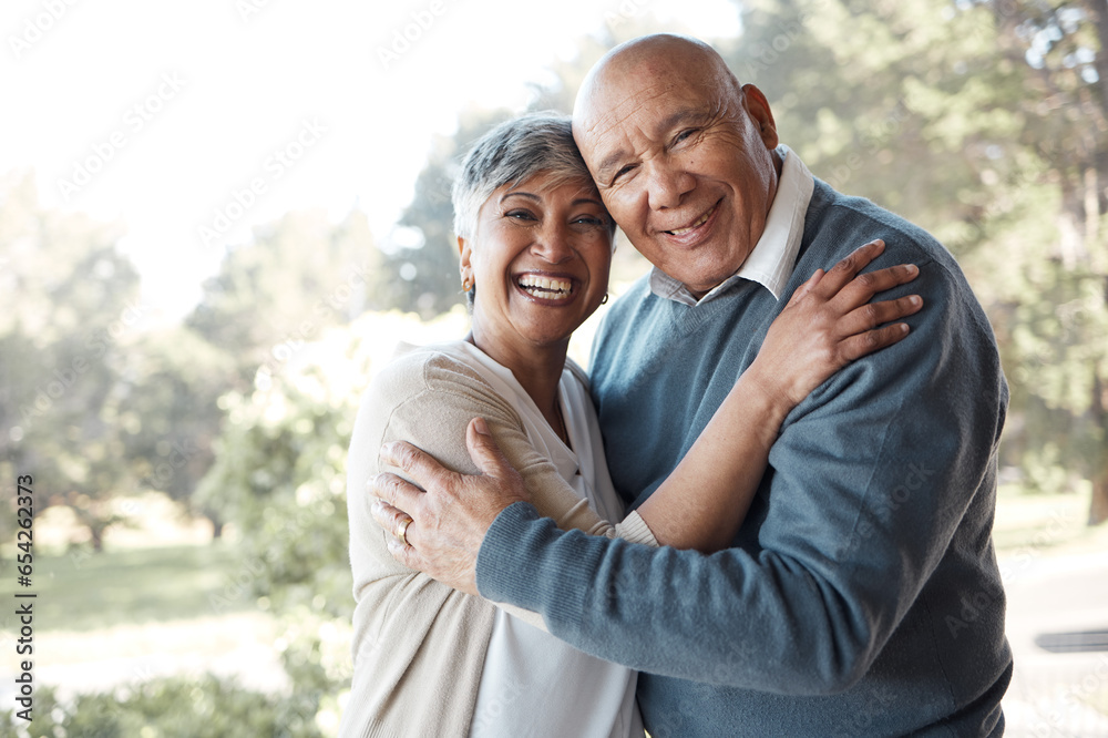 Portrait, hug and senior couple with love, smile and marriage with bonding, relationship and retirement. Face, happy old woman and elderly man embrace, outdoor and health with nature, care and trust