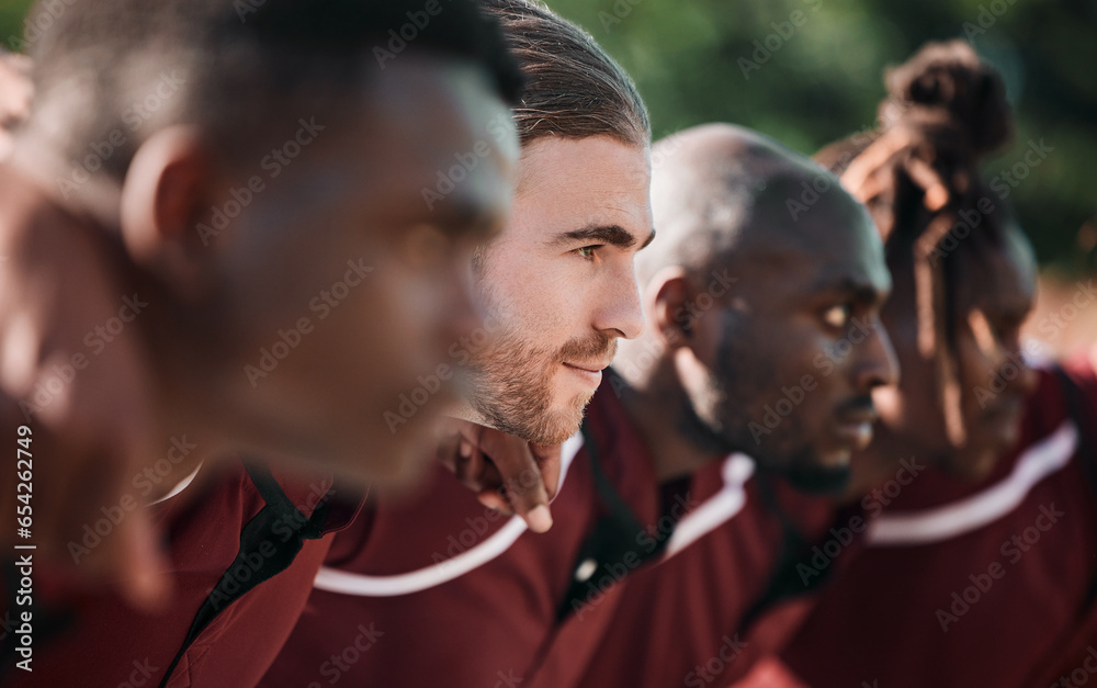 Huddle, rugby and men with commitment, game and fitness with workout, training and competitive. People, players and guy on a field, teamwork and exercise with breathing, match and scrum with support