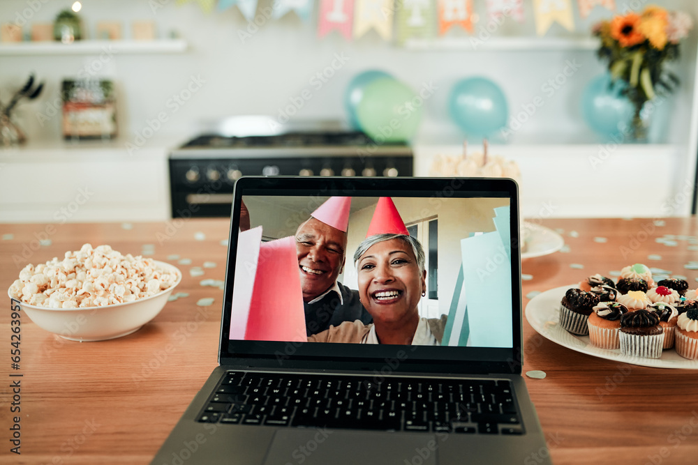 Senior, couple and video call on laptop screen for party with family communication or meeting at home. Elderly, people and internet for celebration, conversation or chat with technology and smile