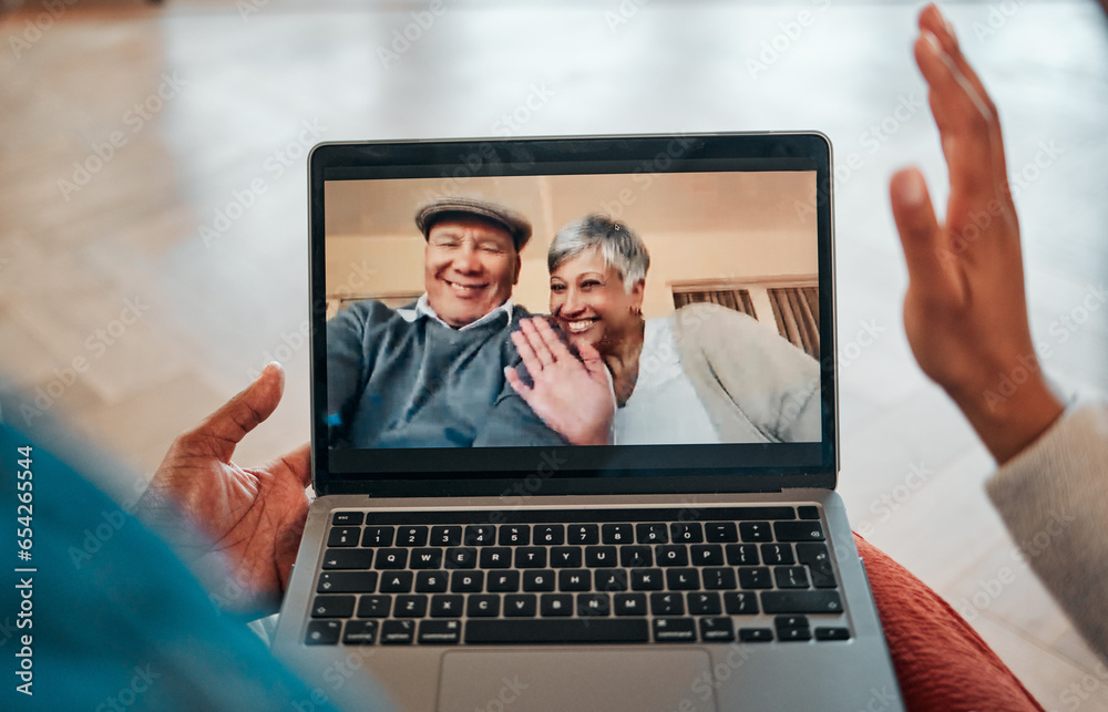 Senior, couple and video call on laptop screen with greeting for family communication or meeting at home. Elderly, people and internet for networking, conversation or chat with technology and smile