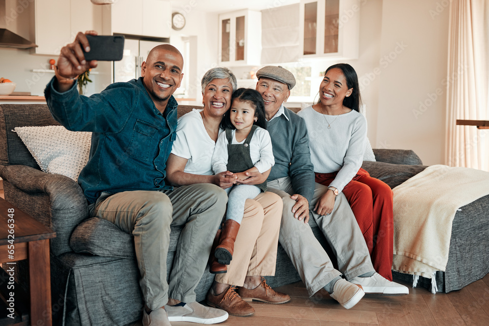 Family, selfie and grandparents and child on sofa for bonding, relationship and social media at home. Senior parents, happy and mother, father and girl in living room for picture, memory and photo