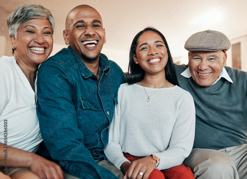 Family, happy and portrait of senior parents on sofa for bonding, relationship and happiness at home. Love, smile and mother, father and adult children in living room for relax, comfort and care