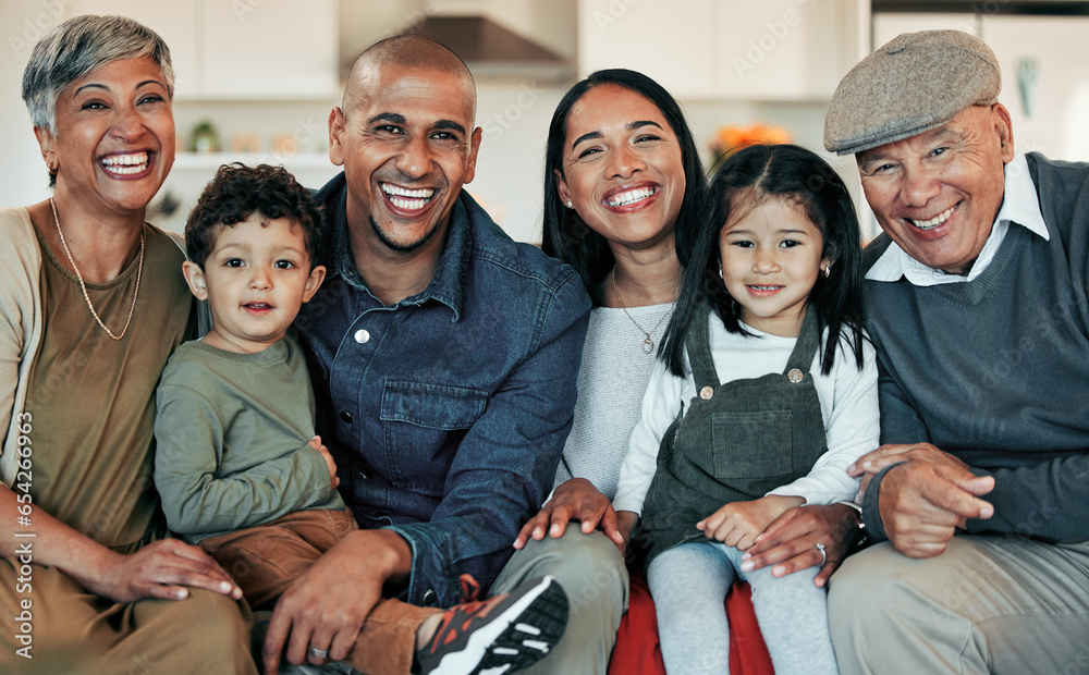 Family, grandparents and portrait of children on sofa for bonding, relationship and embrace at home. Parents, happy and mother, father and kids in living room for relax, comfort and care together