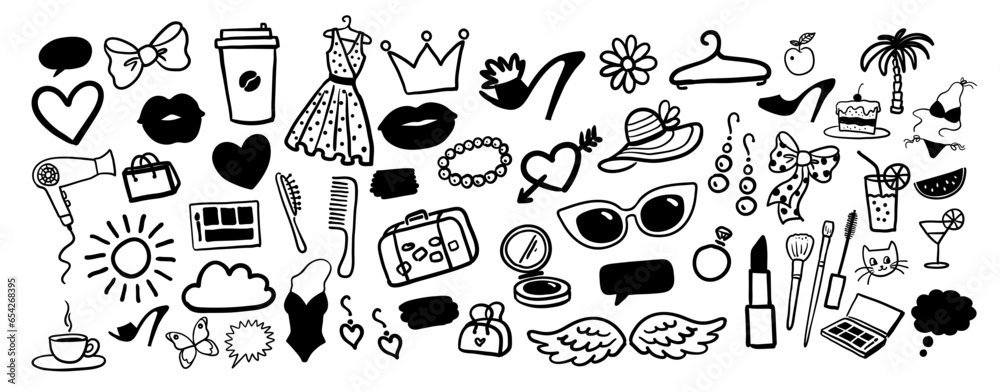 Vector illustration collection of beauty and fashion isolated doodles