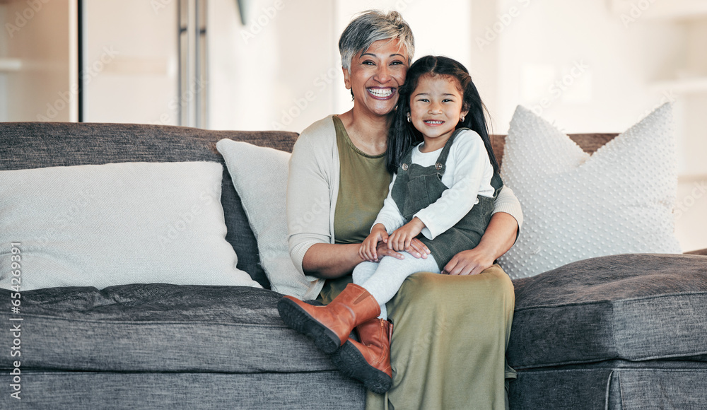 Portrait, love and grandmother with child on sofa together for bonding, connection and care in living room of home. Happy family, woman and girl on couch with happiness for relaxing, weekend and face