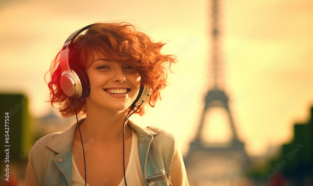 Happy woman with headphones travel in Paris, Cheerful Female near Eiffel Tower, Travel to Europe, Famous popular tourist place in world.