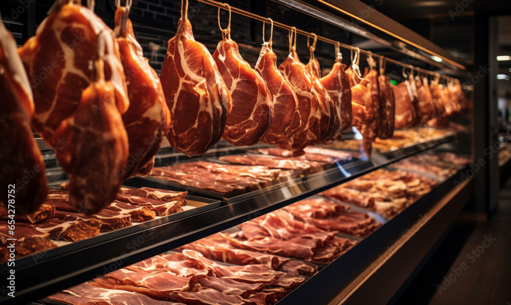 Fresh organic meat food on a shelf in a supermarket, Variety Shopping  in a supermarket meat, sausages, jamon, healthy consumerism food concept.