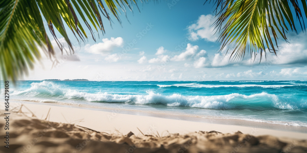 Tropical beach panorama view, coastline with palms, Caribbean sea in sunny day, summer time, Tropical seascape with. Background of summer beach, white sand coastline.