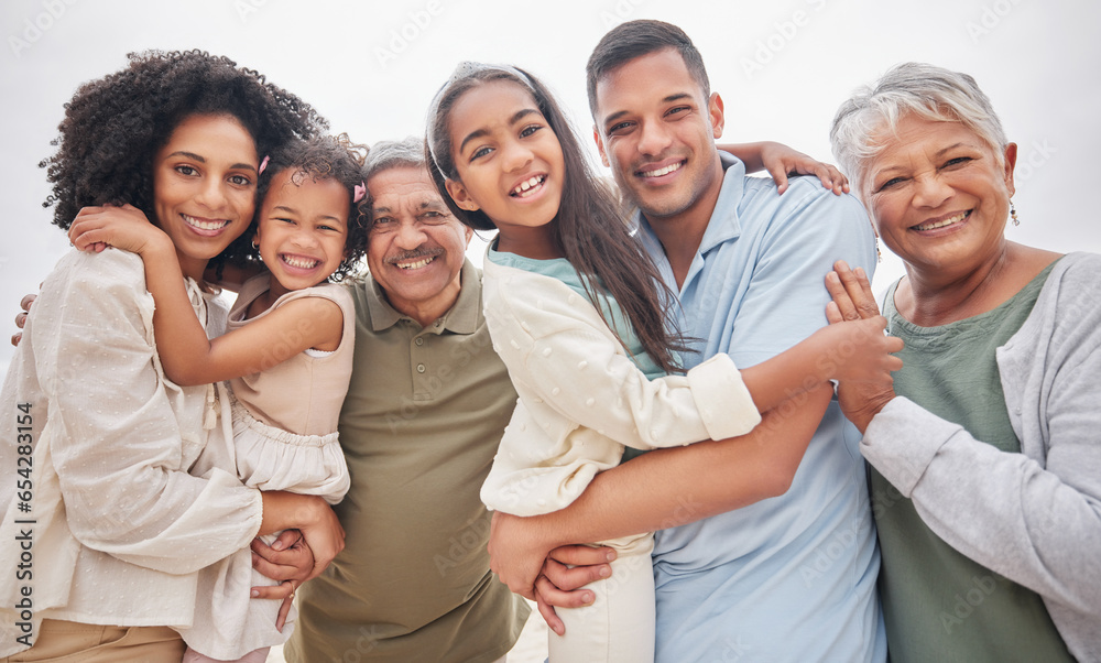 Portrait, smile and big family outdoor on holiday, vacation and travel together in nature. Face, happy grandparents and parents with children bonding, care and hug for love, support and connection