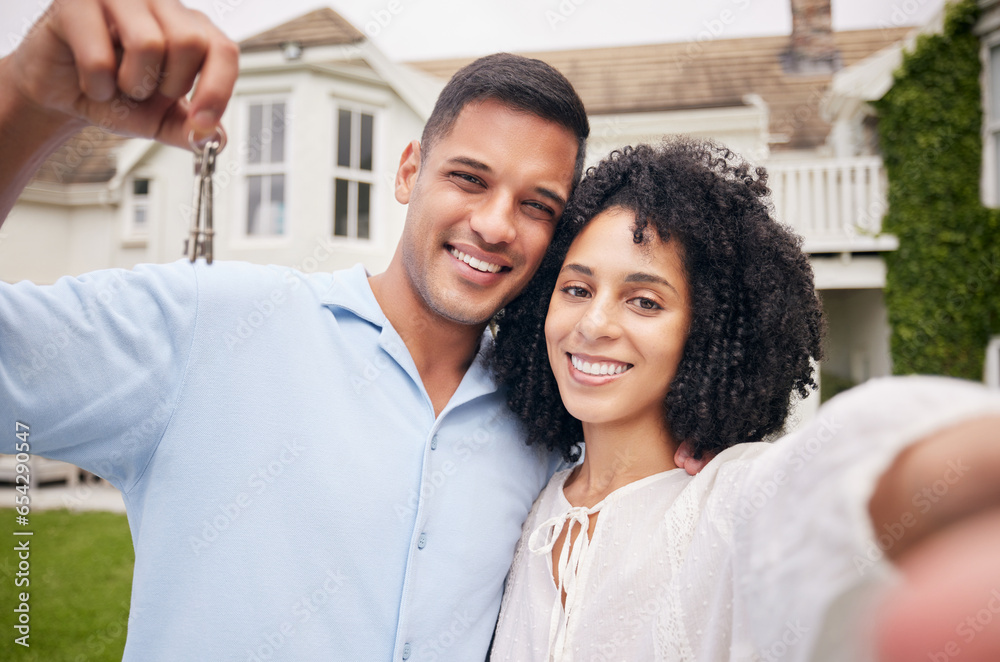 Happy, selfie and couple with keys, real estate and post with happiness, celebration and homeowner. Portrait, man and woman with property, mortgage and support with investment and profile picture