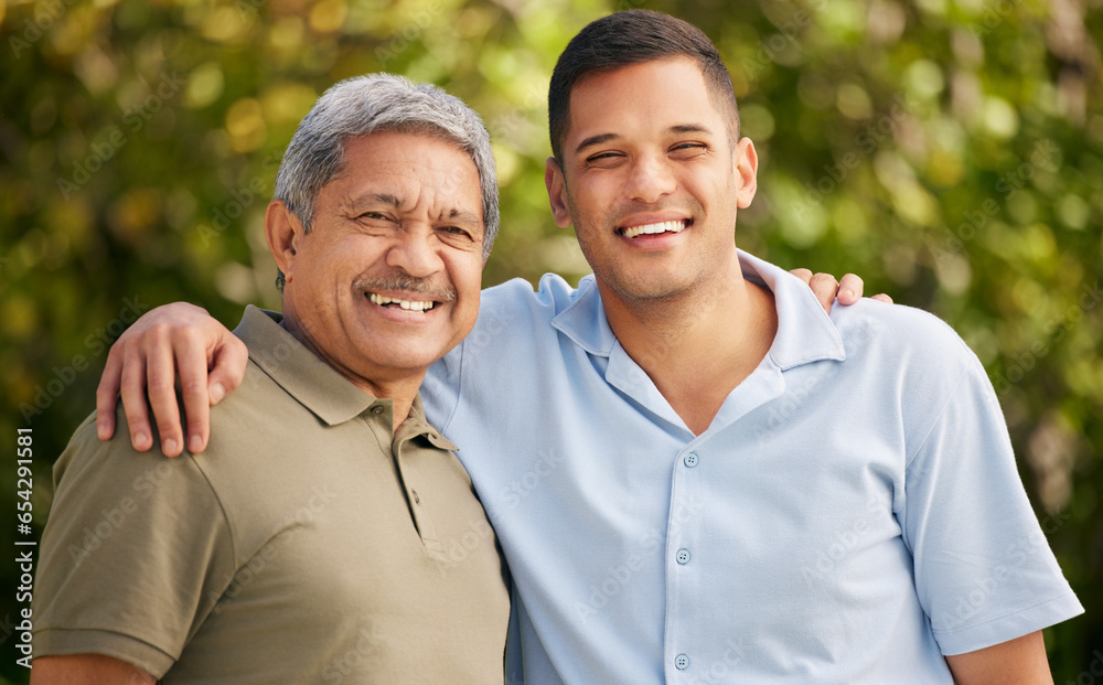 Man, senior dad or portrait in park on fathers day for bond, support or love with smile, care or pride. Hug, retirement or mature dad with a happy son in outdoor garden together on holiday vacation