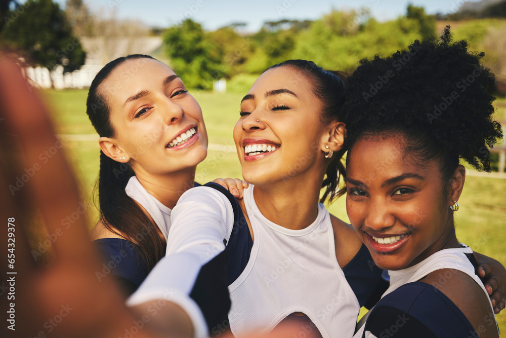 Portrait, women or cheerleaders in a group selfie at a game with support in training, exercise or fitness workout. Proud girls, smile or happy sports athletes in a social media picture or team photo