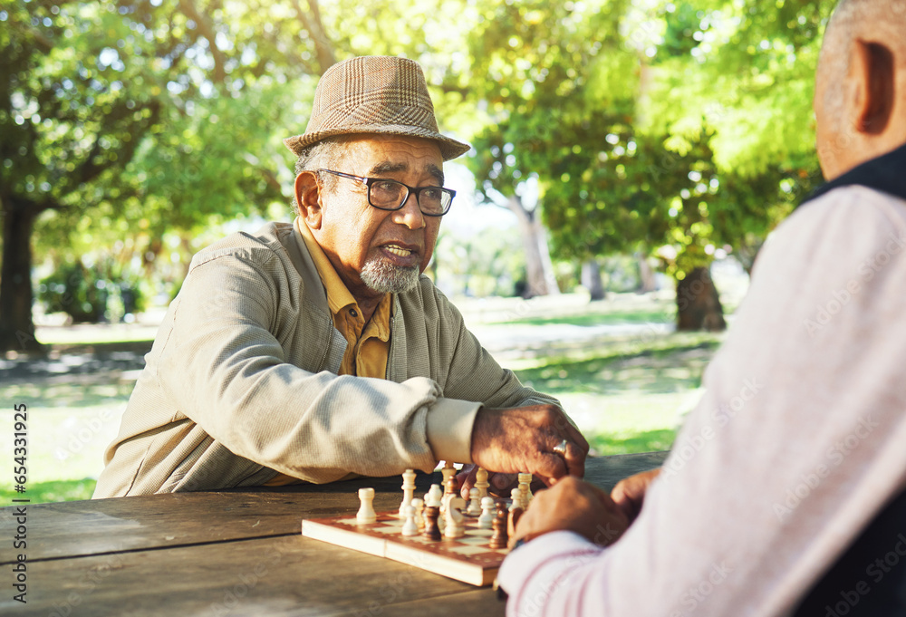 Playing, outdoor and senior friends for chess, strategy and relax with a sport together. Contest, nature and elderly or old people in retirement with games in a park on a board for competition