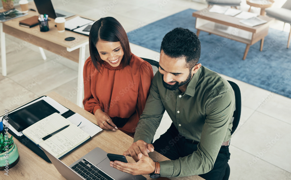 Top view, business people and staff with smartphone, connection and network with social media. Man, woman and employee with manager, cellphone and mobile user with digital app, chat and brainstorming