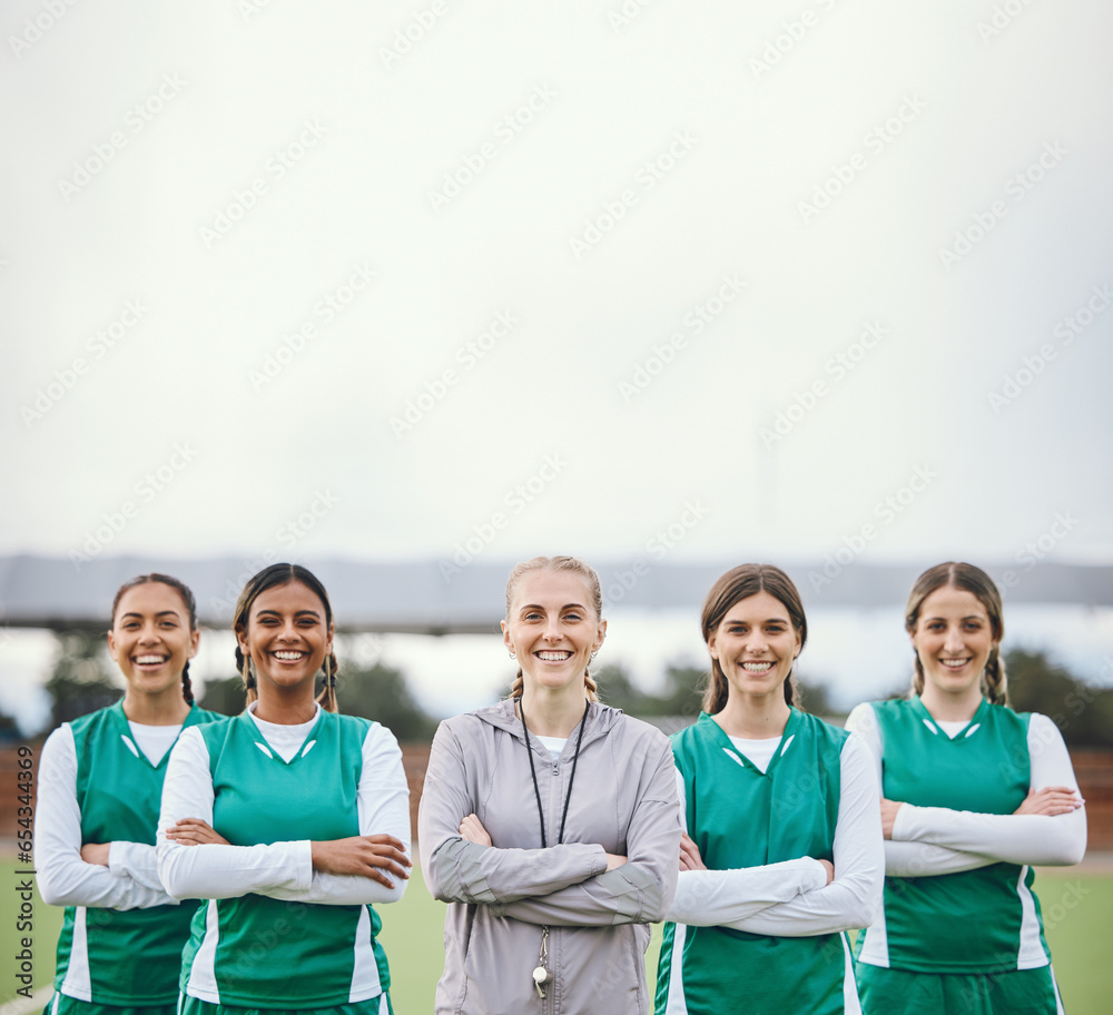 Portrait, coach and team with arms crossed, women and fitness with competition, exercise and wellness. Face, group or healthy people with support, cooperation or training with sports, workout or game