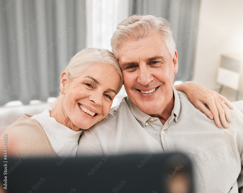 Selfie, face and old couple on social media, happiness and memory with post for app and relax in retirement at home. Love, hug and people smile in profile picture or live streaming with photography