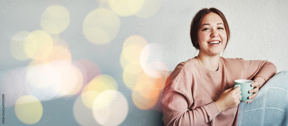 Mockup space, coffee and portrait of woman in the morning with smile and happy to relax in home living room on sofa. Calm, tea and young person in an apartment with joy drinking an espresso on couch