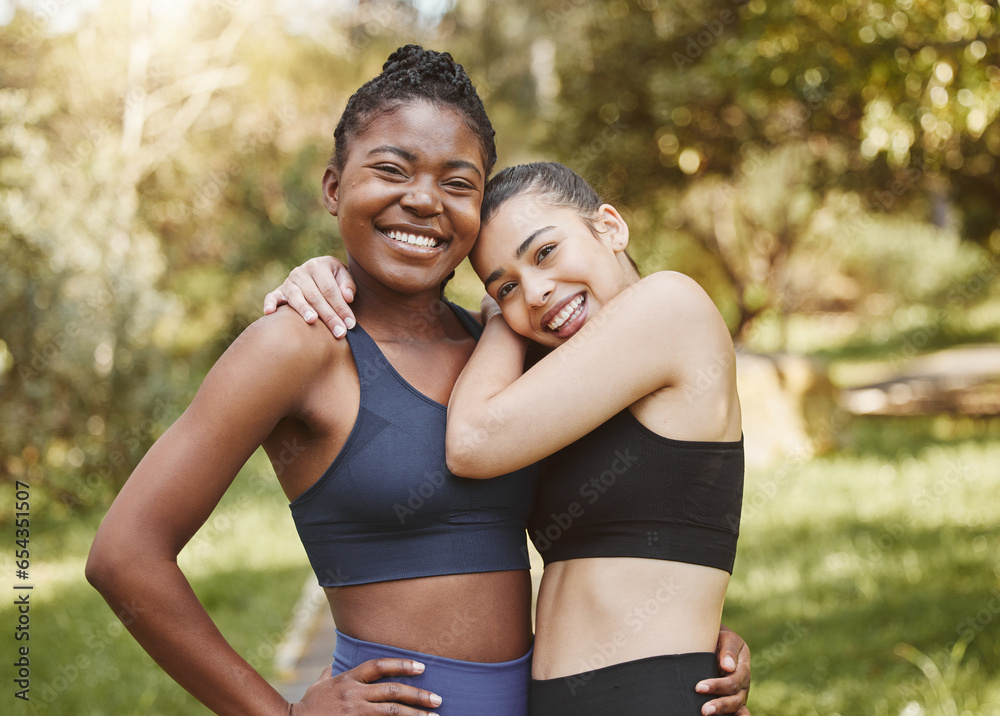 Fitness, happy and portrait of friends in a forest after workout, exercise and outdoor training together with support and care. smile, nature and women hug in morning ready for wellness teamwork