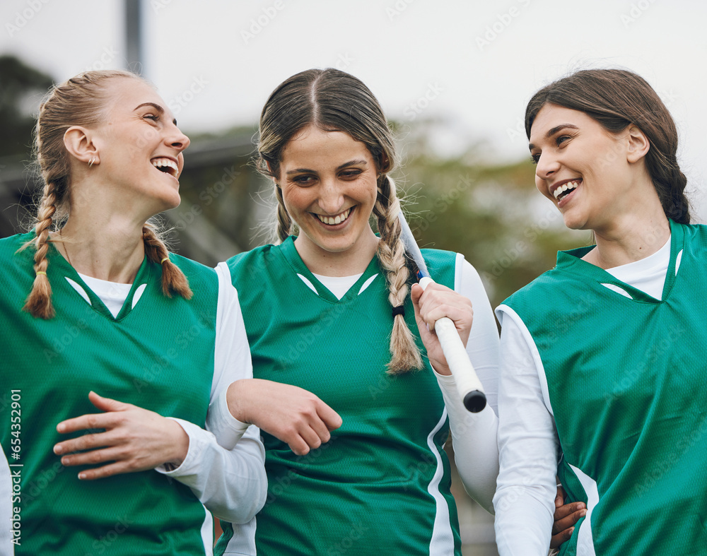 Women, athlete and hockey stick in sportswear, happy and laughing at match results, support and fitness. Training, teamwork and cardio health for workout, exercising together and fit muscle strength