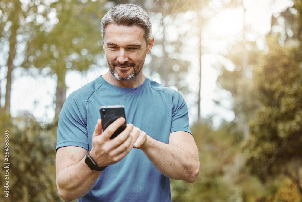 Man, phone and outdoor with exercise clothes or smile for communication or conversation in sport. Male, health and smartphone for cardio app and workout for strong, athlete or happy in nature