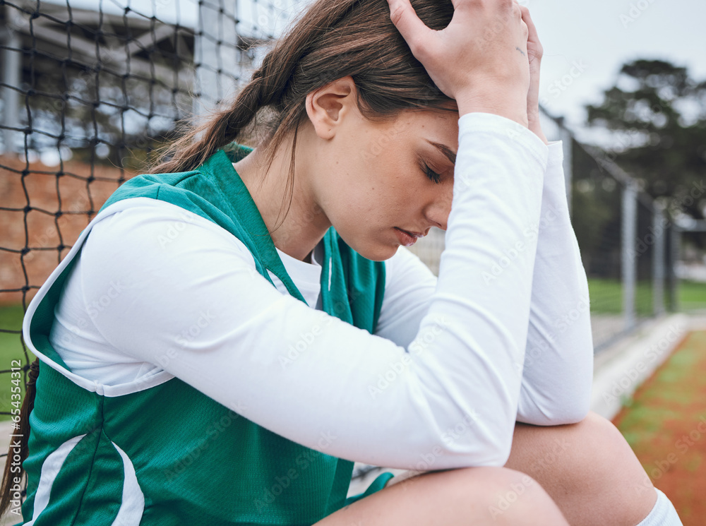 Sad, athlete and fail in sports, game or woman with stress, anxiety or frustrated with performance in competition. Match, loser and person angry with field hockey, fitness or upset with mistake