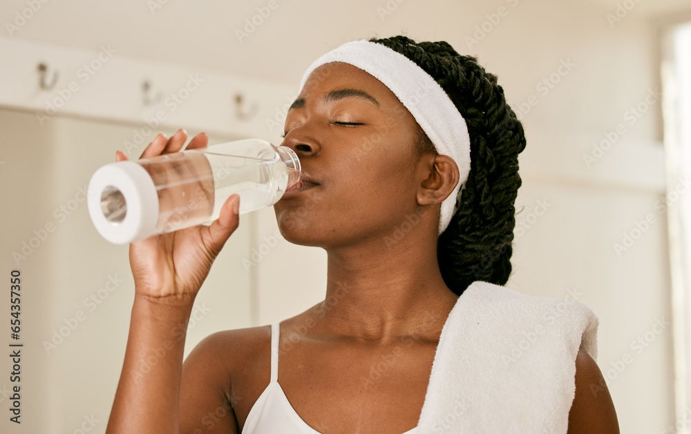 Tennis, health and woman drinking water, fitness and tired with workout, fatigue or exercise. African person, athlete or player with bottle with liquid, aqua or wellness with training or sports