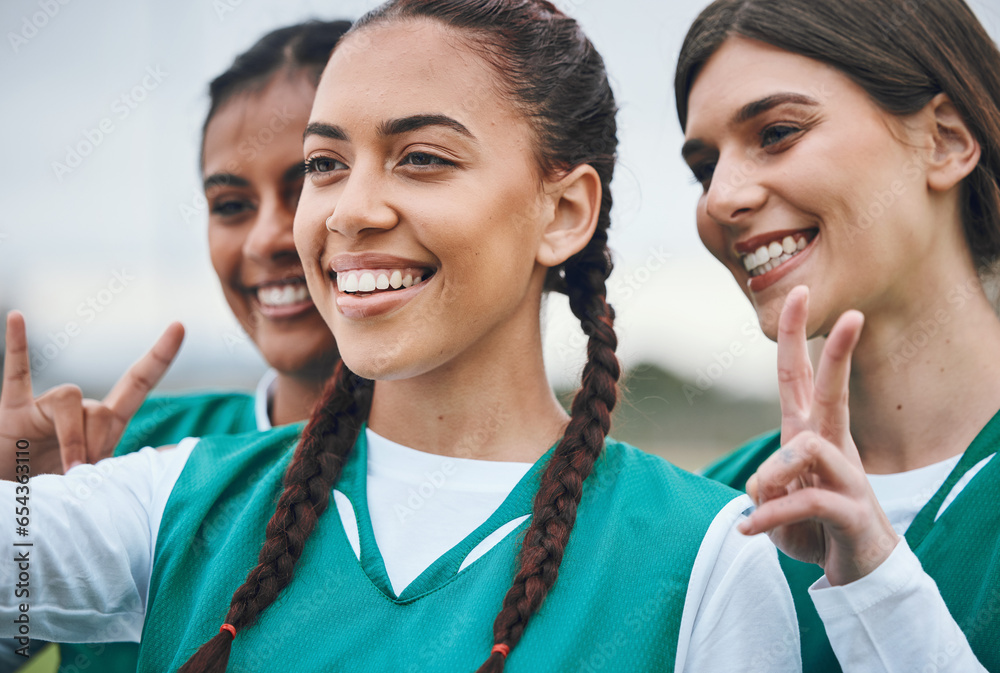 Selfie, women or sports team with peace after a game with support in hockey training, exercise or fitness workout. Smile, teamwork or happy people in a social media picture or group with hand gesture