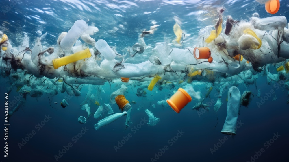 Plastic Trash and Garbage Underwater.