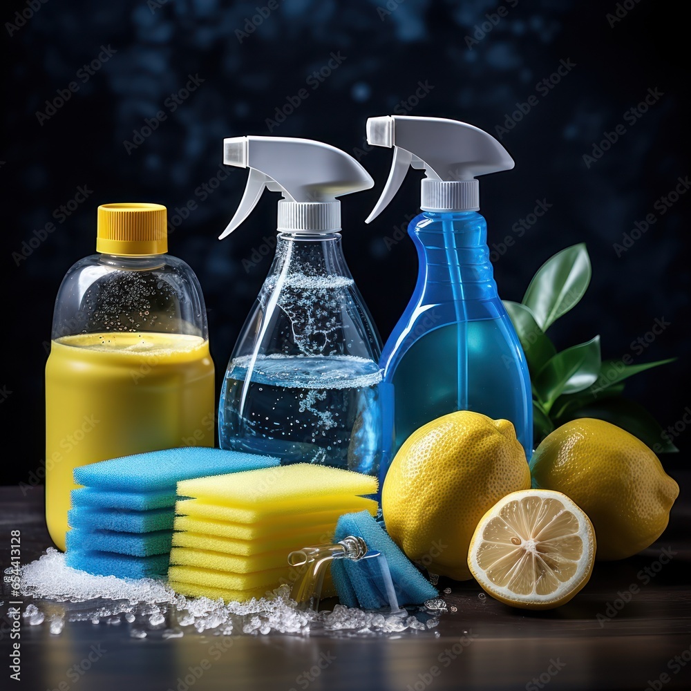 Spray bottle and sponge cleaning supplies