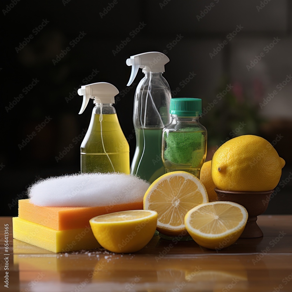 Spray bottle and sponge cleaning supplies