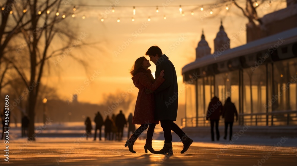 Ice skating. playful, romantic, exhilarating, fun, wintery