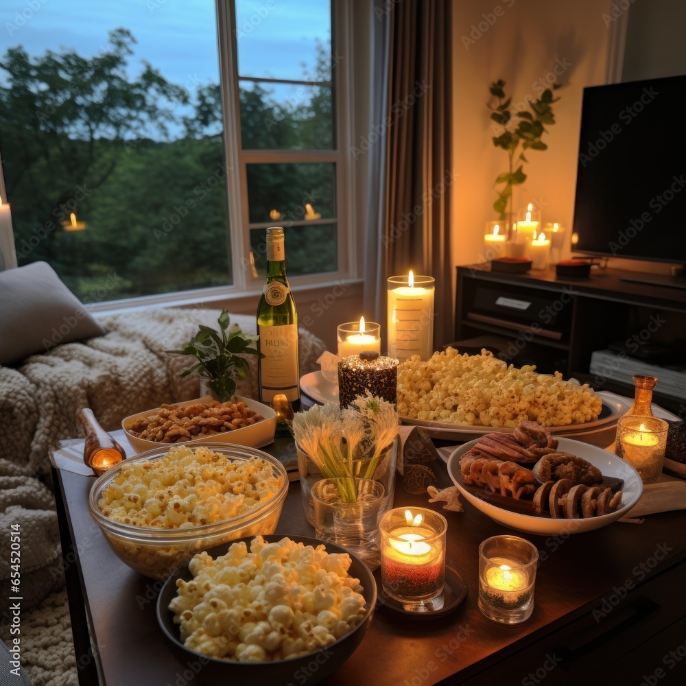 Movie night at home. cozy, intimate, casual, comfortable, romantic