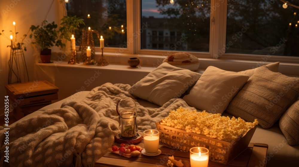 Movie night at home. cozy, intimate, casual, comfortable, romantic