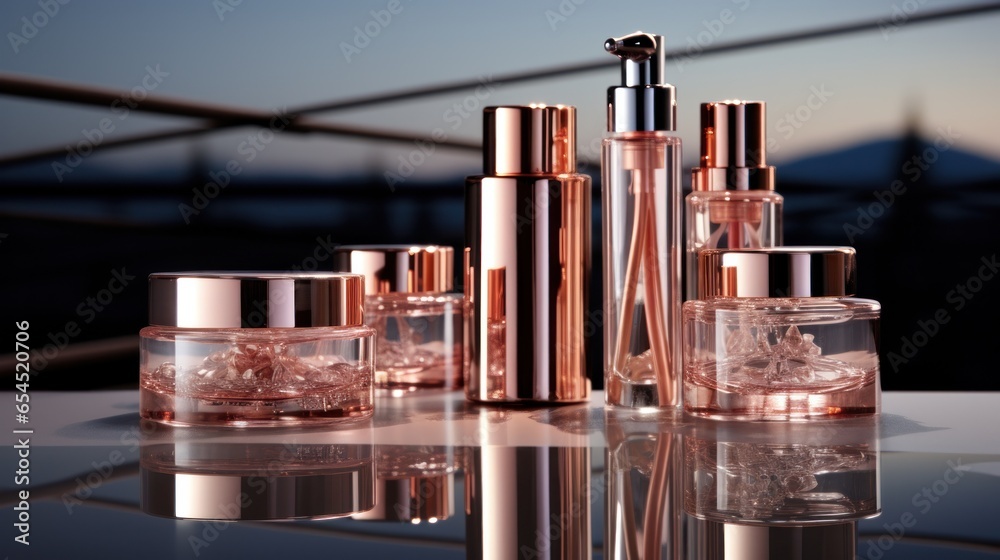 Rose gold cosmetic bottles and jars - Luxury beauty products