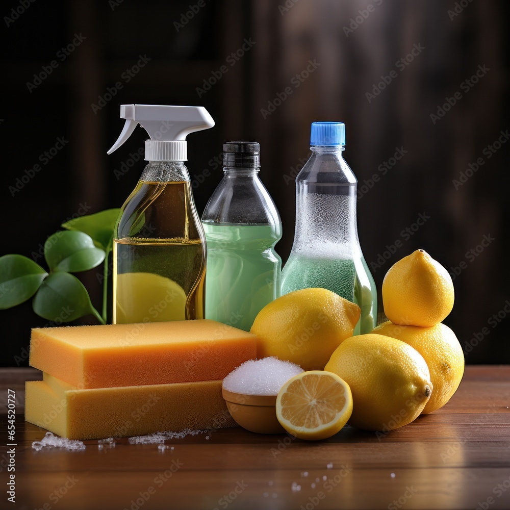 Spray bottle and sponge cleaning supplies