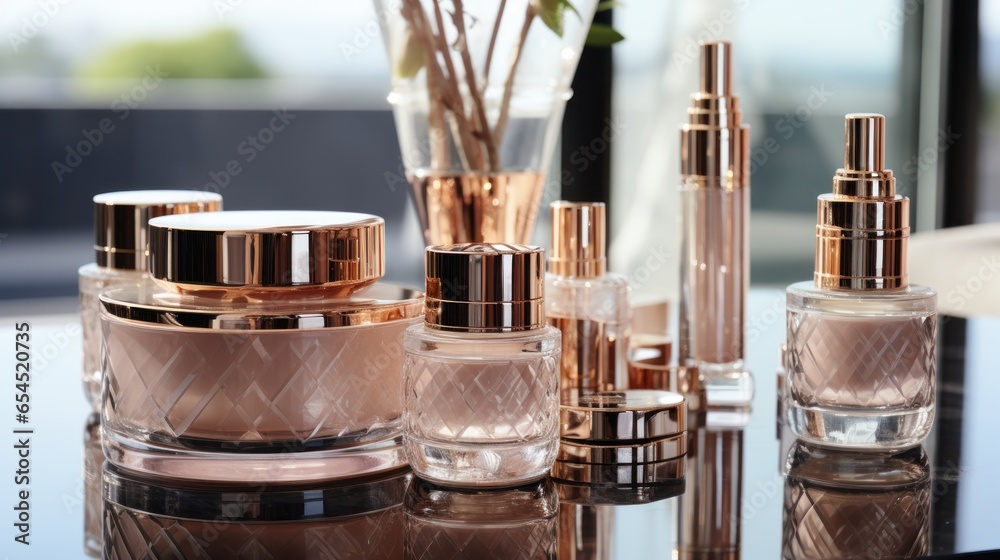 Rose gold cosmetic bottles and jars - Luxury beauty products