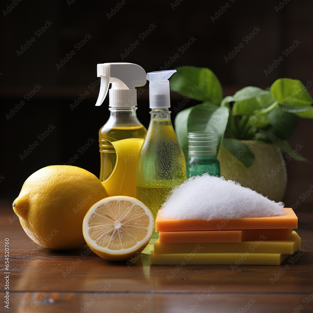 Spray bottle and sponge cleaning supplies