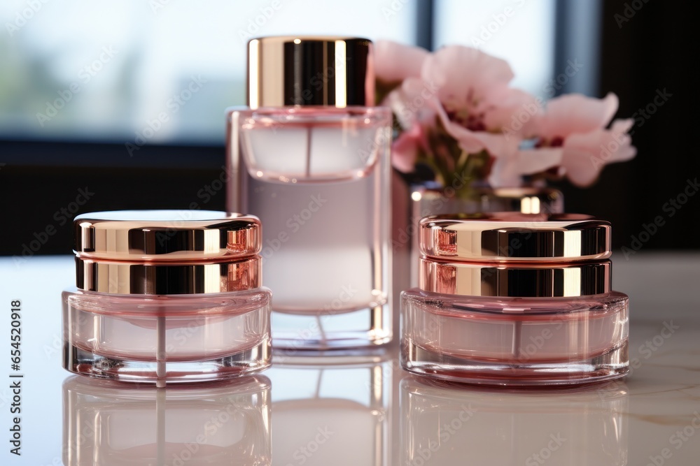 Rose gold cosmetic bottles and jars - Luxury beauty products