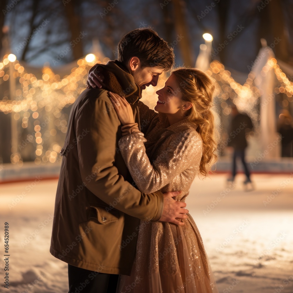 Ice skating. playful, romantic, exhilarating, fun, wintery