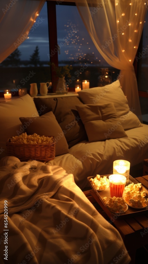 Movie night at home. cozy, intimate, casual, comfortable, romantic